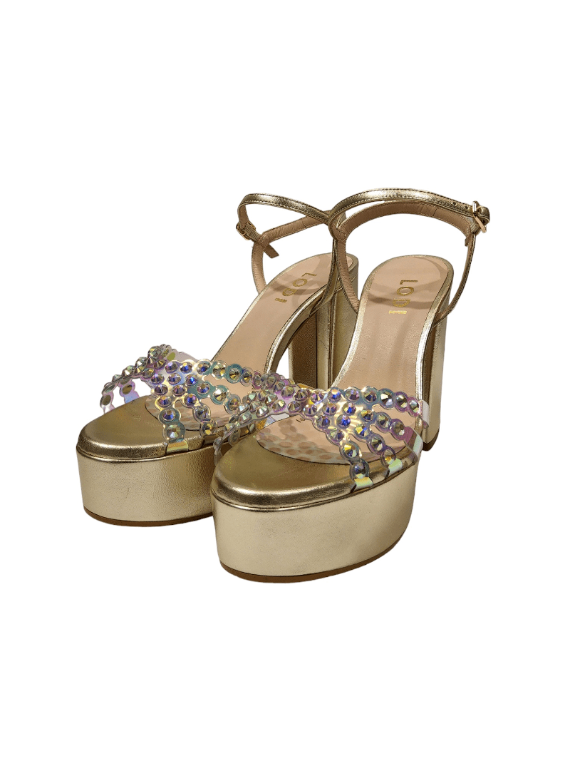 Sandalias de plataforma en piel metalizada y vinilo