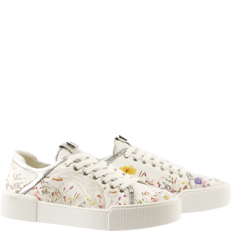Zapatilla blanca de Högl con estampado floral y detalles plateados – vista lateral izquierda