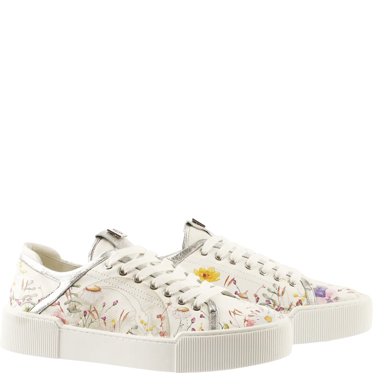 Zapatilla blanca de Högl con estampado floral y detalles plateados – vista lateral izquierda