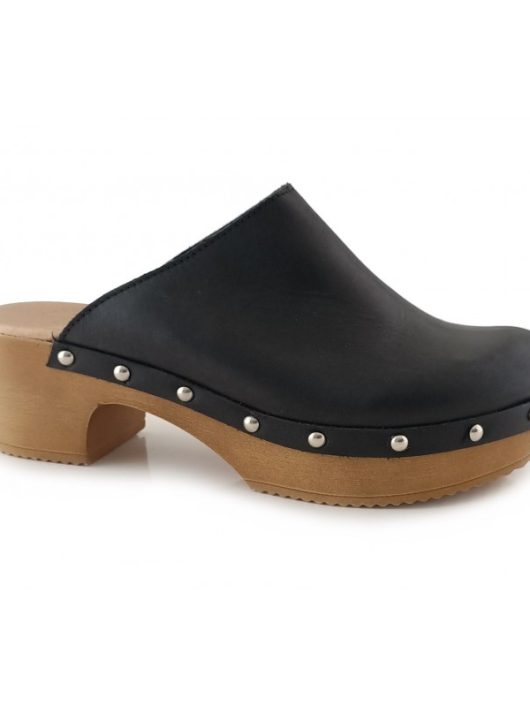 Zueco negro de piel sin talonera con base de madera y tachuelas – modelo 6195702 de Help The Trees.